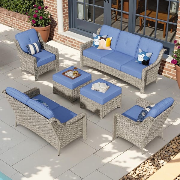 weaxty W Tulip G Gray 6-Piece Wicker Patio Outdoor Conversation Sofa Set with Ottoman and Diamond Blue Cushions