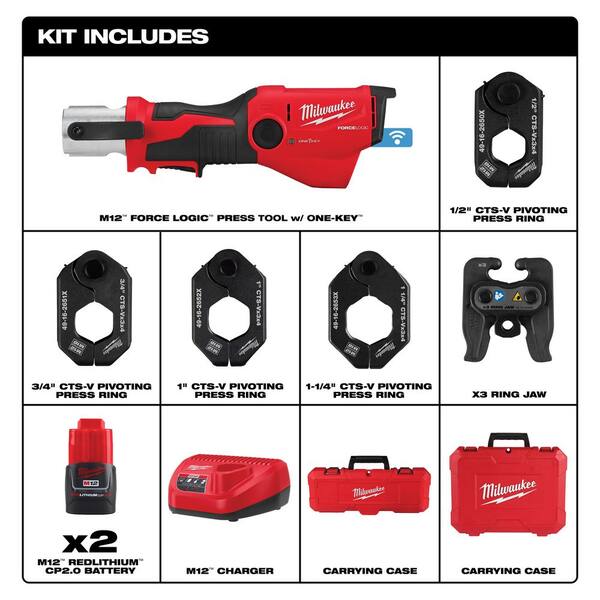 M12 12-Volt Lithium-Ion FORCE LOGIC Press Tool with ONE-KEY and 1/2 in. - 1-1/4 in. CTS-V Pivoting Press Ring Kit