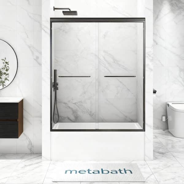 56 to 60 in. W x 60 in. H Semi Frameless Double Sliding Tub Door in Matte Black with 1/4 in. Tempered Clear Glass