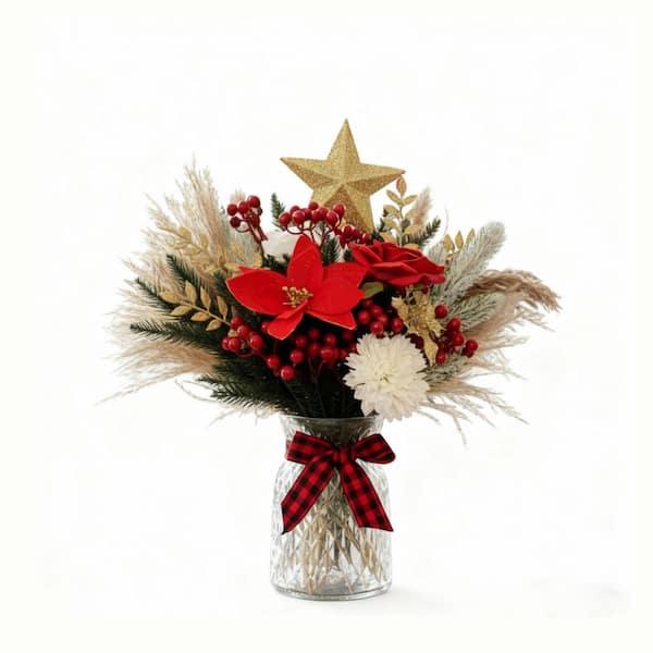 20 in. Red Indoor Artificial Pine Christmas Floral Arrangements In Vase, 100-Pack