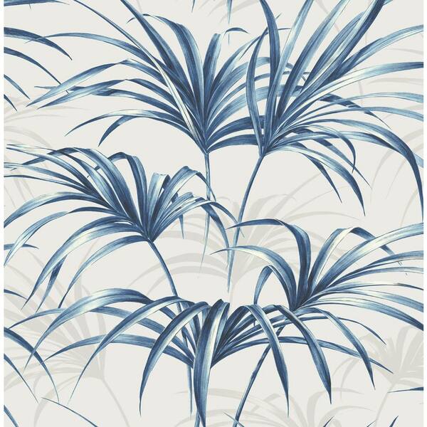 56 sq. ft. Marine Blue Open Palm Leaf Unpasted Paper Wallpaper Roll