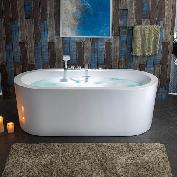67 in. Acrylic Flatbottom Whirlpool and Air with Inline Heater Bathtub, Tub Filler, Drain and Overflow Included in White