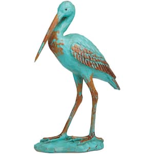 Teal Polystone Distressed Bird Sculpture with Brown Wood Inspired Accents