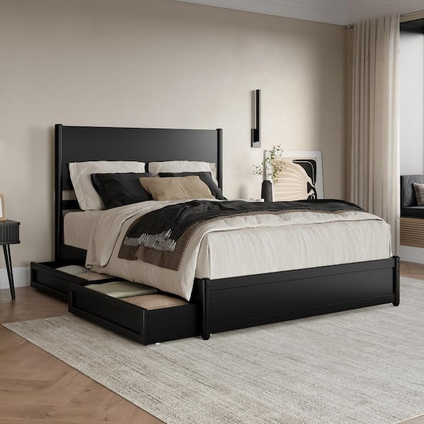 Ronan Black Wood Frame Queen Platform Bed with Footboard and Storage Drawers