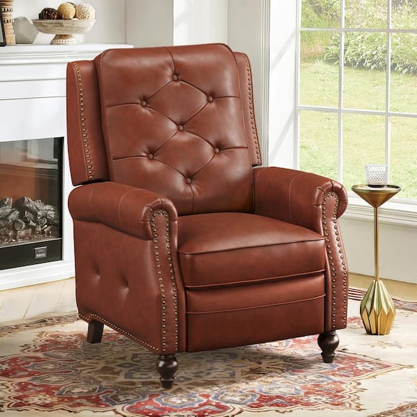 Alano Red Brown Top Genuine Leather Recliner Chair with Push Back Recliner with Nail Head Trim