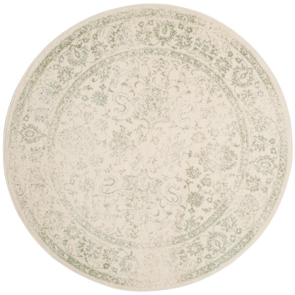 Adirondack Ivory/Sage 4 ft. x 4 ft. Border Distressed Round Area Rug