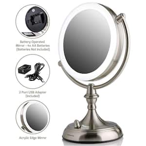 7.5 in. Nickel Brushed LED Lighted Tabletop Makeup Mirror with Acrylic Edge, 1x or 10x Magnification
