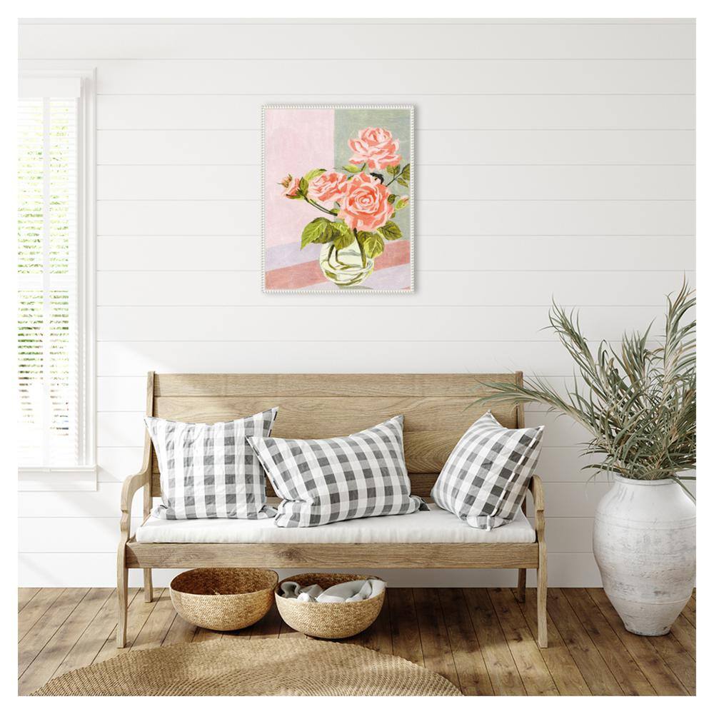 Douces Roses I Pink and Green Canvas Wall Art with White Frame