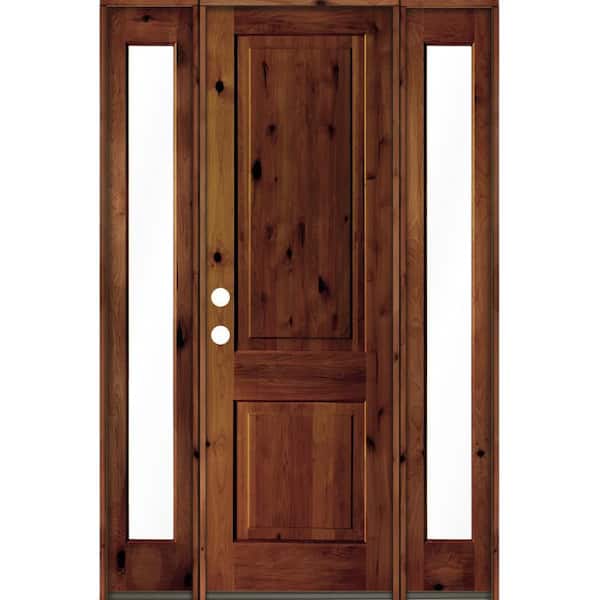 Krosswood Doors 58 in. x 96 in. Rustic Knotty Alder Square Top Red Chestnut Stained Wood Right Hand Single Prehung Front Door