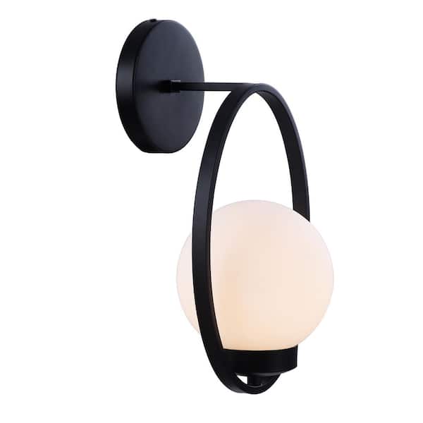 Aspen Creative Corporation 8 in. 1-Light Matte Black Vanity Light with Opal Glass Shade