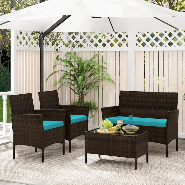 LIVIZA 4-Piece Wicker Patio Conversation Set with Turquoise Cushions