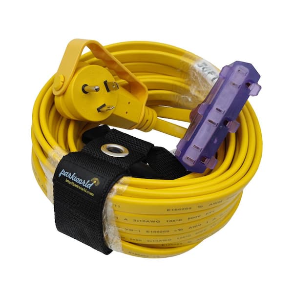 parkworld 50 ft. 10/3 30 Amp 125-Volt TT-30 to 3 x 5-15R Flat Generator Extension Cord with Lighted End (TT-30P to 3x5-15R),Yellow