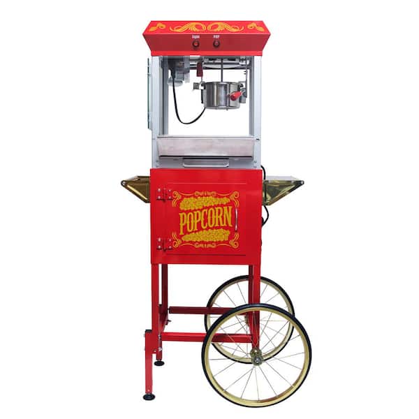 640-Watt 6 oz. Red Stainless Steel Popcorn Machine with Cart Heated Warming Deck and Drawer