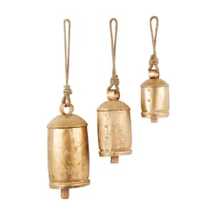 Gold Metal Tibetan Inspired Cylindrical Decorative Cow Bells with Jute Hanging Rope (3-Pack)
