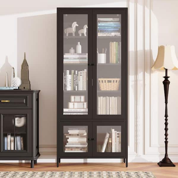 71 in. Tall Black Steel Kitchen Storage Cabient, Modern Freestanding Bookcase with 4-Tempered Glass Doors and 5-Shelves