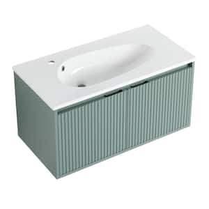 35.80 in. W 18.20 in. D 18.20 in. H Single Sink Wall Mounted Bath Vanity in Green with White Resin Top