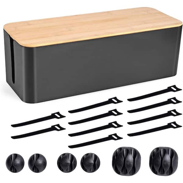 Large Wooden Style Cable Management Box Black Cord Organizer Safe ABS for Home Office 16 x 6.2 x 5.3 in.