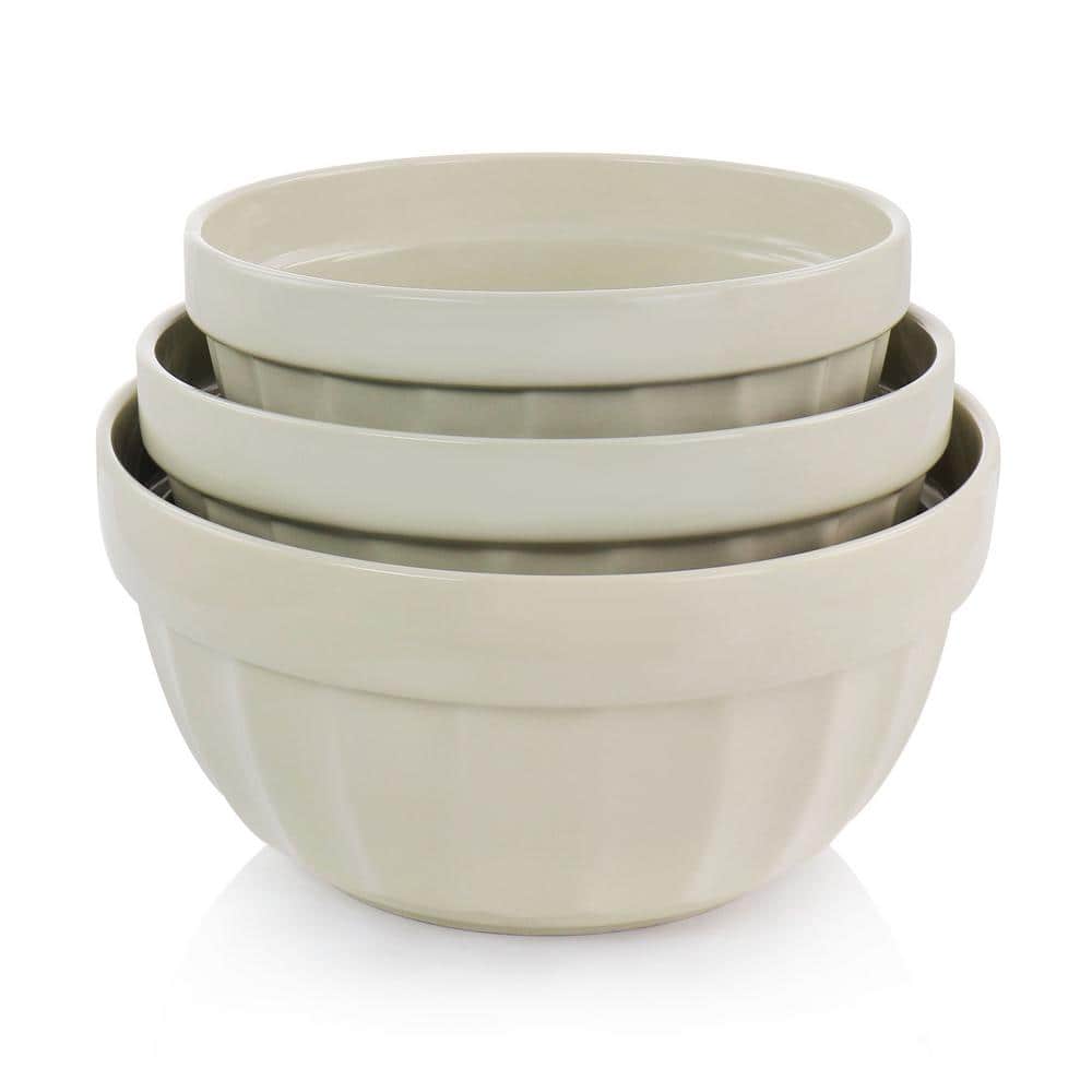 Beige Stoneware 3-Piece Serving Bowl Set