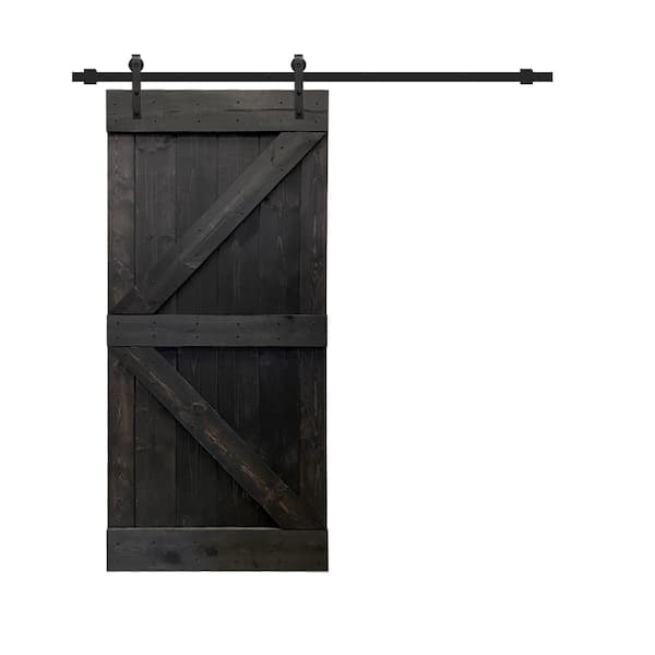 CALHOME K Series 30 in. x 84 in. Solid Charcoal Black Stained Knotty Pine Wood Interior Sliding Barn Door with Hardware Kit