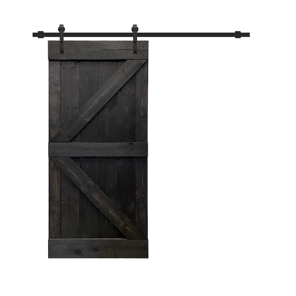 CALHOME K Series 36 in. x 84 in. Solid Charcoal Black Stained Knotty Pine Wood Interior Sliding Barn Door with Hardware Kit