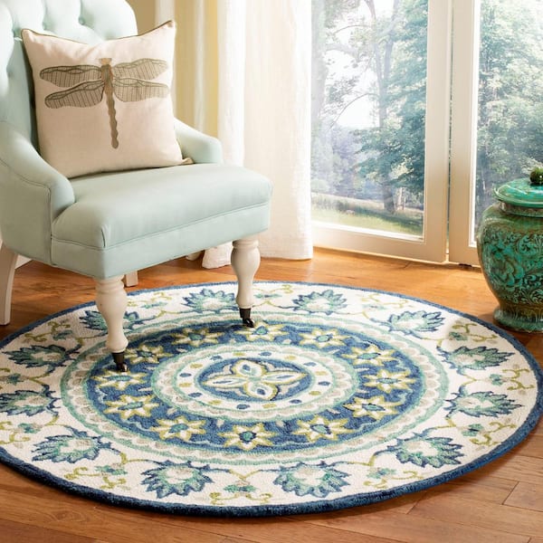 Novelty Ivory/Blue 5 ft. x 5 ft. Round Border Area Rug