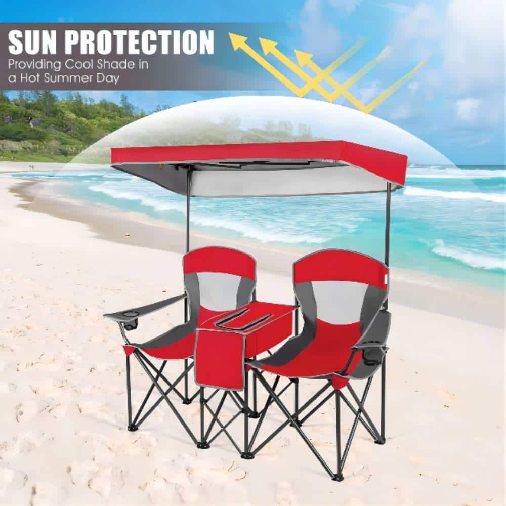 Red Double Folding Camping Chair with Canopy and Cooler