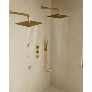 Thermostatic Valve 8-Spray 12 in. and 12 in. Wall Mount Dual Shower Head and Handheld Shower in Brushed Gold