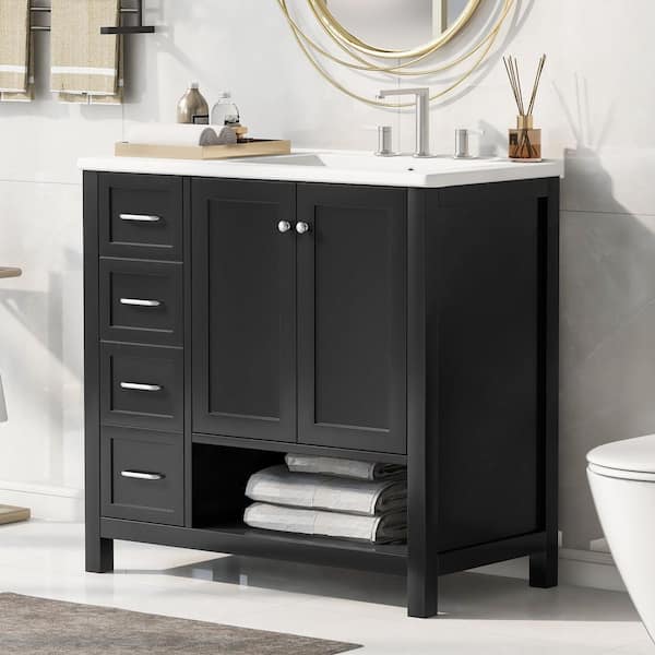 36 in. W x 18 in. D x 34 in. H Single Sink Freestanding Bath Vanity in Black with White Ceramic Top