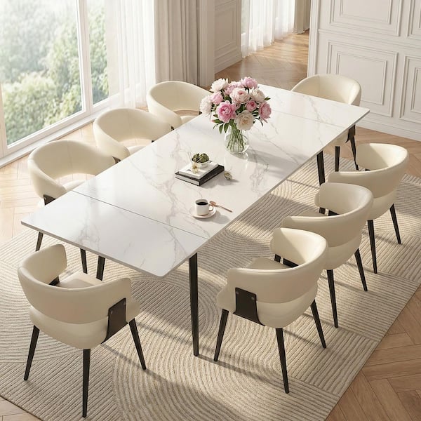 9-Piece Modern Extendable White Dining Set: 94 in. Faux Marble Top Table and 8-Ergonomic Curved Chairs