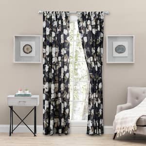 Magnolia Black Floral Cotton Lined 100 in. W x 84 in. L Rod Pocket Room Darkening Curtains with Ties (Double Panel)