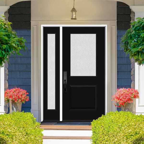 Legacy 51 in. W. x 80 in. 1/2 Lite Rain Glass RHIS Primed Black Finish Fiberglass Prehung Front Door with 12 in. SL