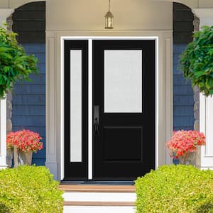 Legacy 53 in. x 80 in. 1/2 Lite Rain Glass RHIS Primed Black Finish Fiberglass Prehung Front Door w/14 in. SL