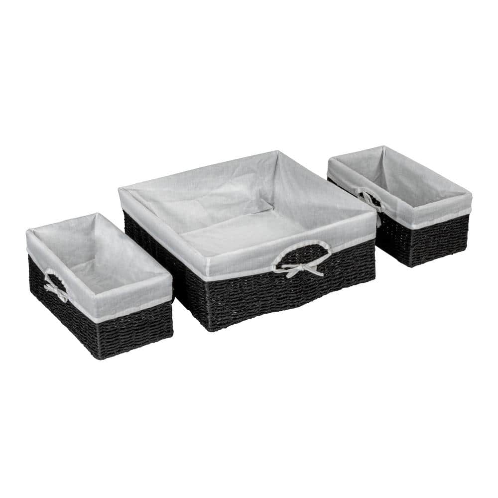 Black Wicker Rectangular Storage Basket Set with Liners