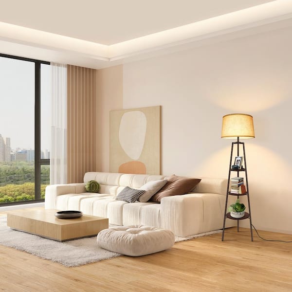 BICIK 61 in. Brown Tripod Floor Lamp with White Linen