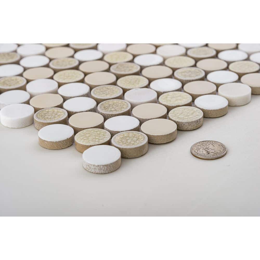 Polished White and Beige Ceramic Penny Round Mosaic Tile