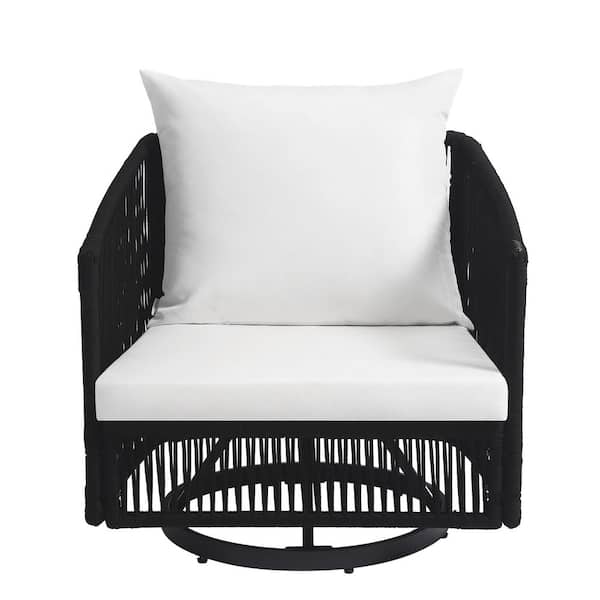 Black 3-Piece Metal Wicker Patio Conversation Set Outdoor Chairs and Coffee Table with Beige Cushion
