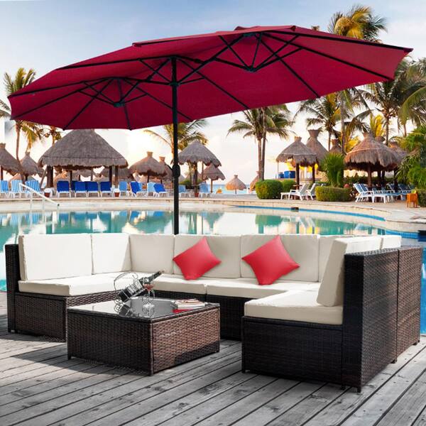 15 ft. Steel Market Patio Umbrella with Crank and Stand in Burgundy