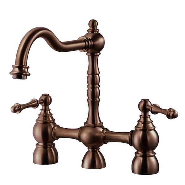 HOUZER Lexington Traditional 2-Handle Bridge Kitchen Faucet with Sidespray and CeraDox Technology in Antique Copper