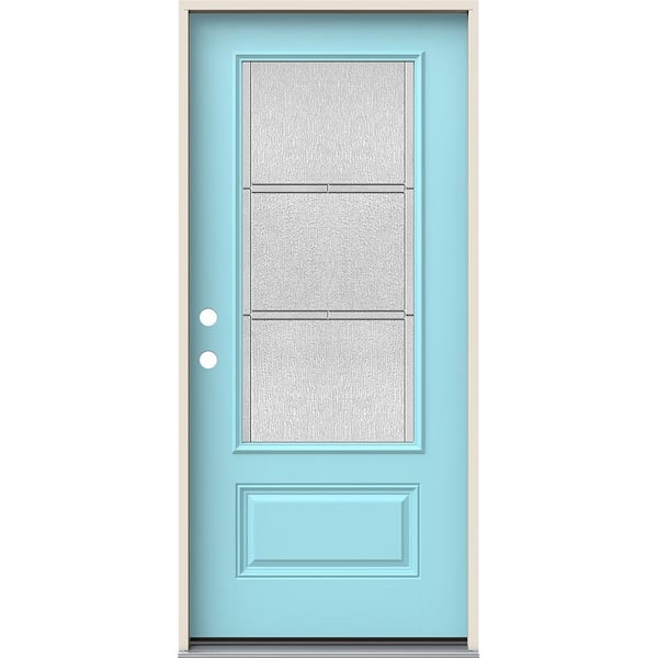 JELD-WEN 36 in. x 80 in. Right-Hand 3/4 Lite Eastfield Decorative Glass Caribbean Blue Fiberglass Prehung Front Door