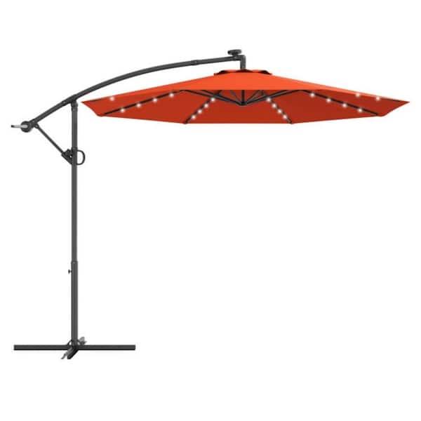 Clihome 10 ft. Aluminum Market Solar Powered LED 360° Rotation Patio Offset Outdoor Umbrella in Orange