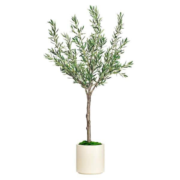 6.5 ft. Artificial Olive Tree in White Decor Pot, Faux Green Plant Indoor Home Decorative Planter