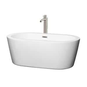 Mermaid 60 in. Acrylic Flatbottom Center Drain Soaking Tub in White with Floor Mounted Faucet in Brushed Nickel