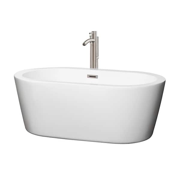Wyndham Collection Mermaid 60 in. Acrylic Flatbottom Center Drain Soaking Tub in White with Floor Mounted Faucet in Brushed Nickel