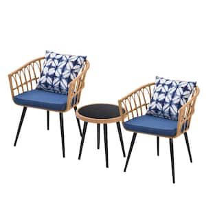 3-Piece Wicker Outdoor Bistro Patio Conversation Set with Side Table, Blue Cushions and Lumbar Pillows