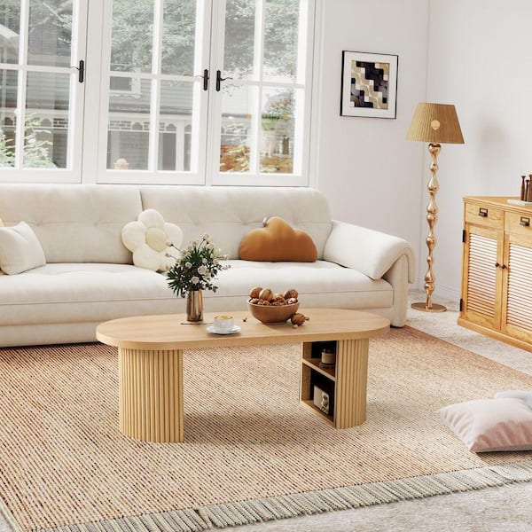 ATHMILE 47.24 in. Natural Oval MDF Coffee Table with 2 Storage