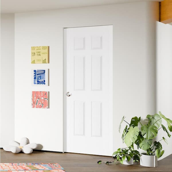 30 in. x 80 in. 6 Panel, Composite, White Primed, Solid MDF Core Interior Door Slab with Silver Sphere Doorknob