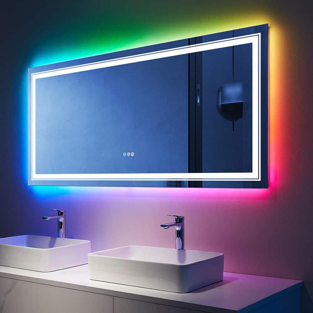 INSTER Iridescent 55 in. W x 30 in. H Rectangular Frameless RGB LED Lighted Defog Wall Mount