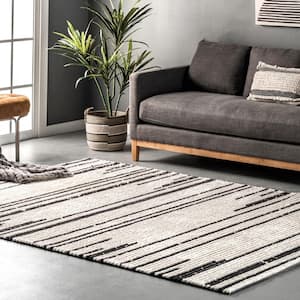Carling Soft Shaggy Textured Contemporary Stripes Fringe Beige 8 ft. x 10 ft. Area Rug
