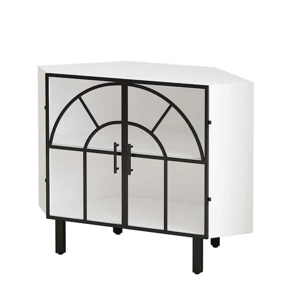 FUNKOL 37.4 in. L x 16.54 in. W x 28.74 in. H Ready to Assemble Glass Double Door Hexagonal Cabinet with Storage Shelves