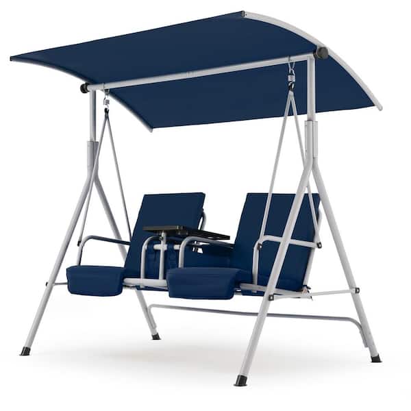 Unbranded 2-Person Outdoor Metal Patio Swing with Optional Canopy, Porch Swing with Stand, Pivot Storage Table, Cup Holders, Blue